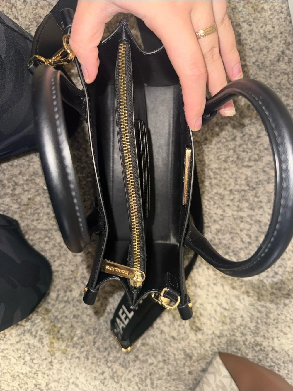 Michael Kors Black Leather Satchel with Gold MK Charm
